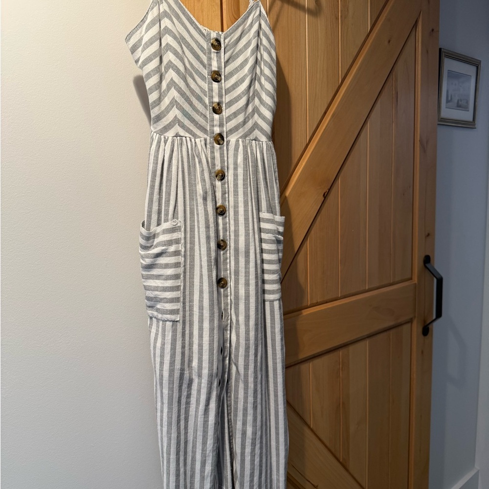 American Eagle Gray and White Striped Jumpsuit with Spaghetti Straps